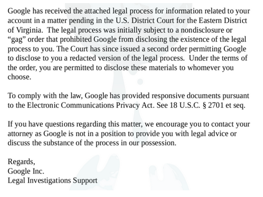 Natale 2014: Comunicato di Google a Wikileaks riguardo la trasmissione di dati sensibili dei tre giornalisti.